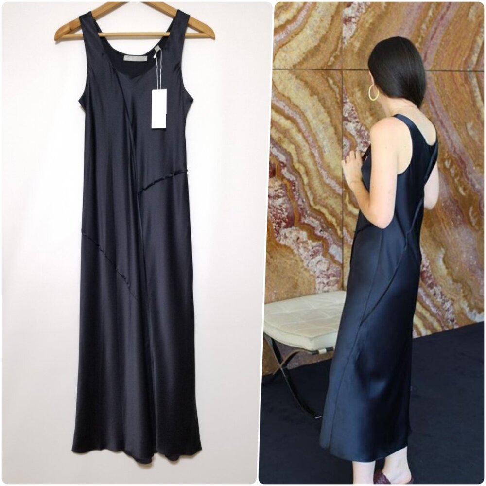 NWT Vince Raw Edge Silk Tank Midi Slip Dress in Iron Dark Navy Size XS, S $345
